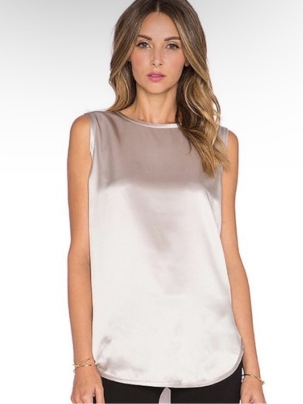 Vince  | silk sleeveless curved hem gray trim detail top